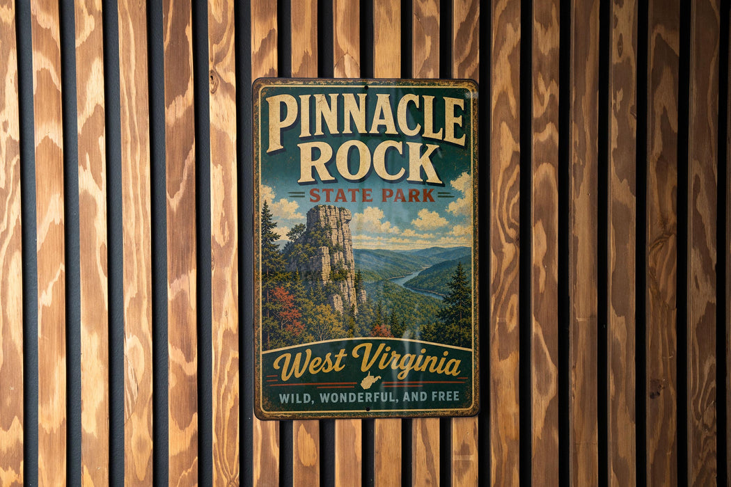 A vintage metal sign for Pinnacle Rock State Park in West Virginia, featuring a scenic mountain landscape.