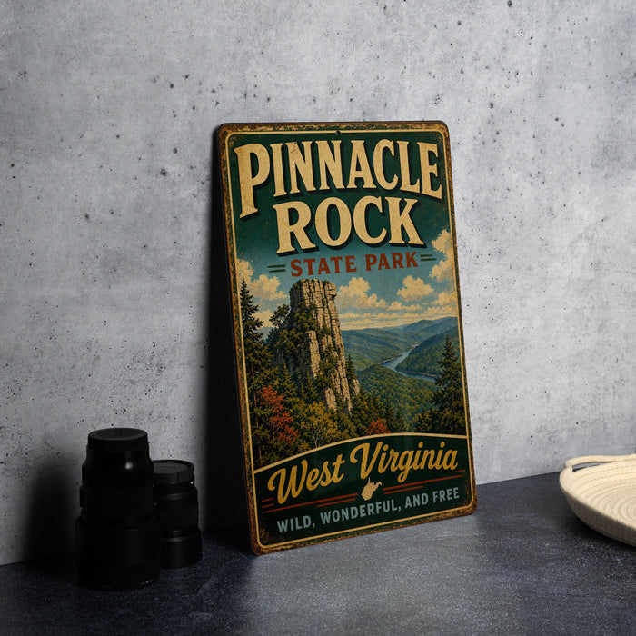 A vintage-style metal sign for Pinnacle Rock State Park in West Virginia, featuring a scenic mountain landscape.