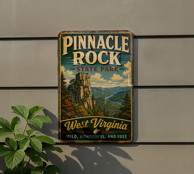 A vintage-style sign for Pinnacle Rock State Park in West Virginia, featuring a scenic mountain landscape.