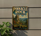 A vintage-style sign for Pinnacle Rock State Park in West Virginia, featuring a scenic mountain landscape.