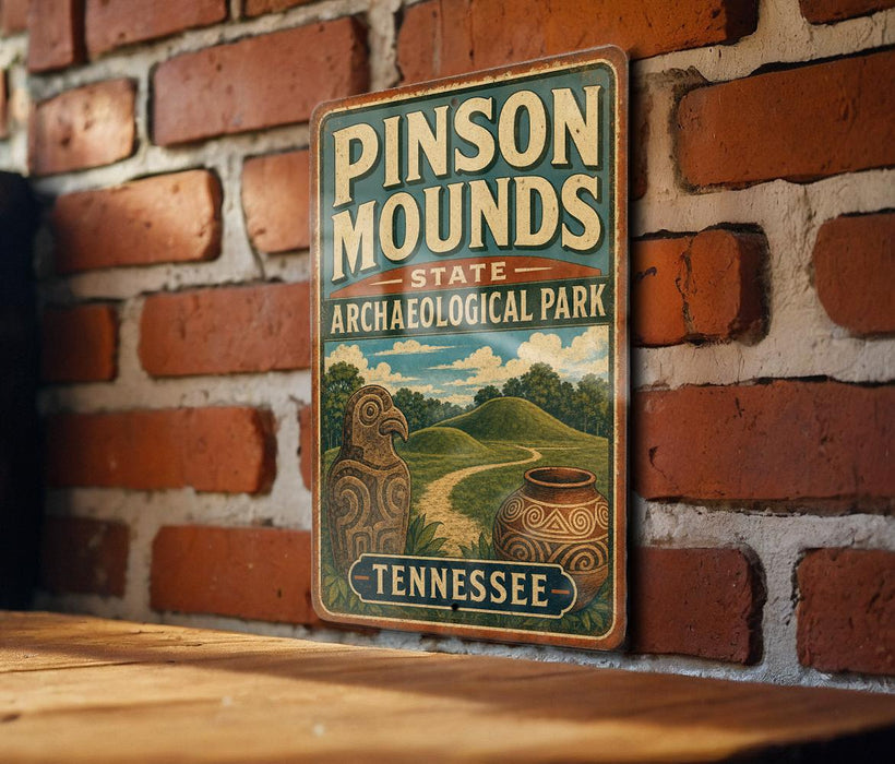 A vintage-style sign for Pinson Mounds State Archaeological Park in Tennessee, featuring a landscape with a bird and pottery.