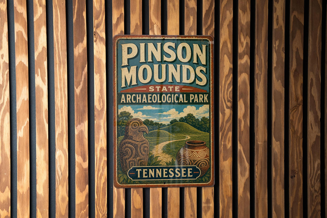 A vintage metal sign for Pinson Mounds State Archaeological Park in Tennessee.