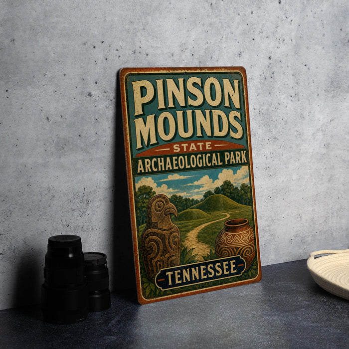 A vintage-style sign for Pinson Mounds State Archaeological Park in Tennessee, featuring an illustration of a landscape with a bird and pottery.