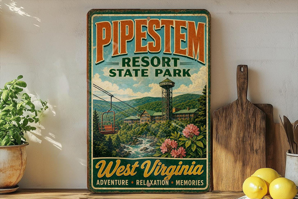 A vintage-style sign for Pipestem Resort State Park in West Virginia, featuring a scenic illustration of the park's landscape and a ski lift.