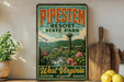 A vintage-style sign for Pipestem Resort State Park in West Virginia, featuring a scenic illustration of the park's landscape and a ski lift.