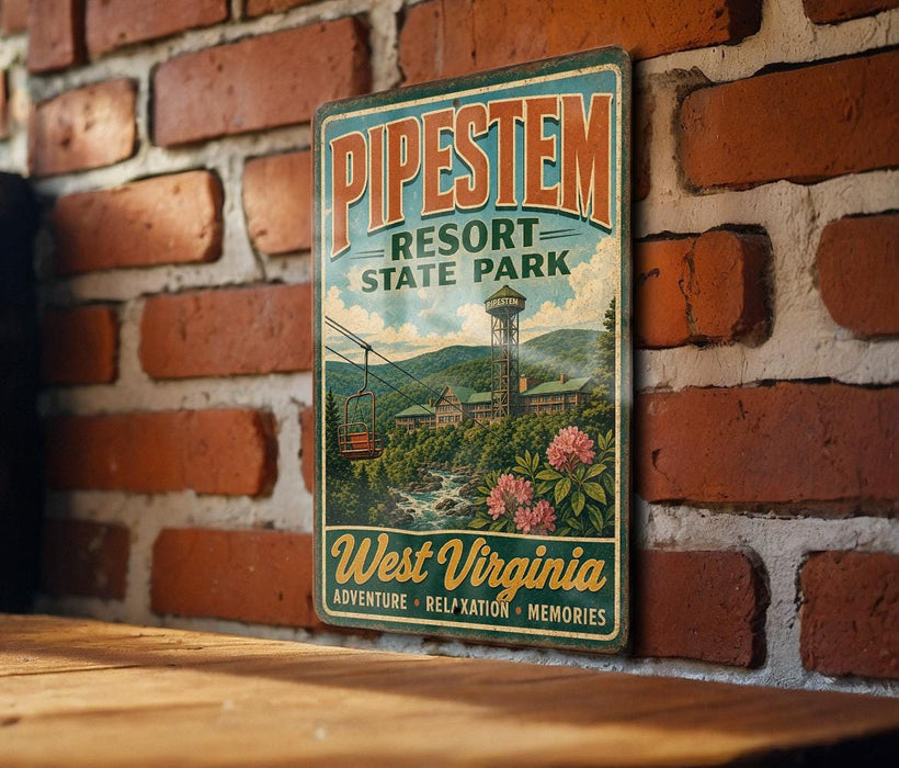 A vintage-style sign for Pipestem Resort State Park, featuring a scenic illustration of the park's landscape and a tower.