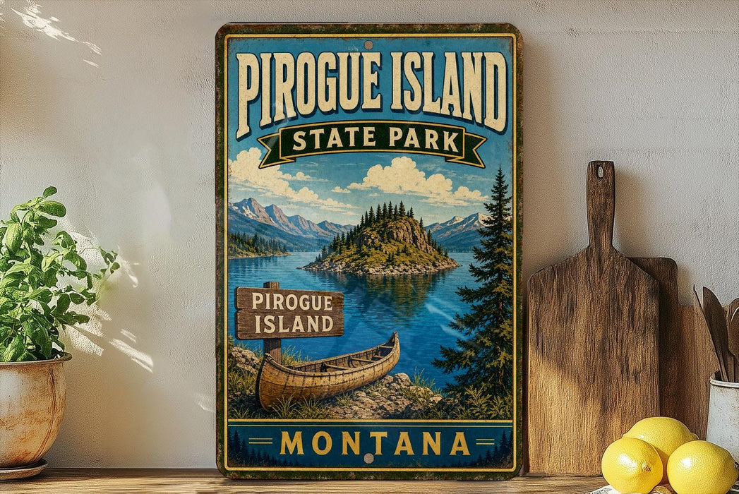 A vintage-style sign for Pirogue Island State Park in Montana, featuring a scenic illustration of the island surrounded by mountains and a lake.