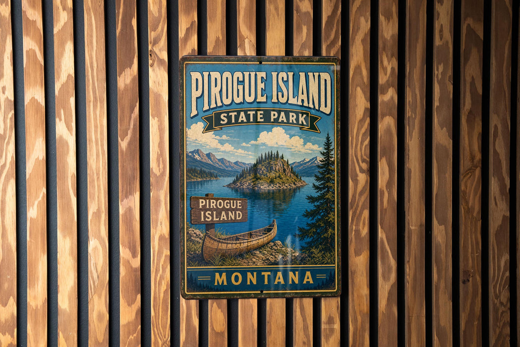 A vintage-style metal sign for Pirogue Island State Park in Montana, featuring a scenic illustration of the island and its surrounding landscape.