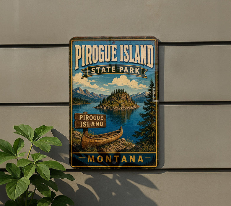 A vintage-style sign for Pirogue Island State Park in Montana, featuring a scenic illustration of the island and its surrounding landscape.