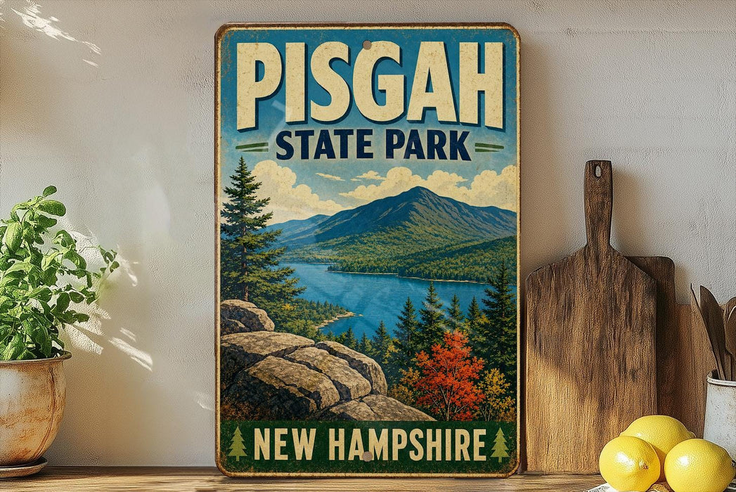 A vintage-style metal sign for Pisgah State Park in New Hampshire, featuring a scenic mountain landscape with a lake and pine trees.