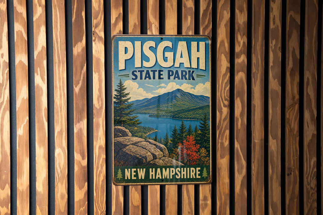 A vintage metal sign for Pisgah State Park in New Hampshire, featuring a scenic mountain landscape with a lake and pine trees.