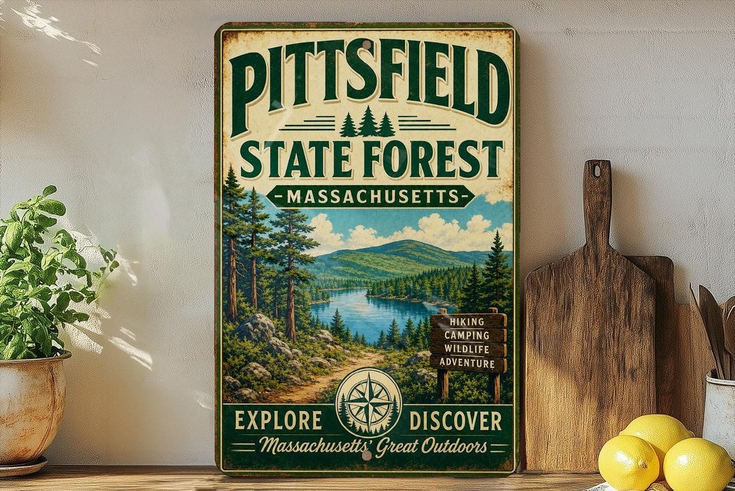 A vintage-style metal sign for the Pittsfield State Forest in Massachusetts, featuring a scenic landscape with pine trees, a lake, and mountains. The sign is displayed on a wooden shelf, with a potted plant, a wooden cutting board, and some lemons nearby.