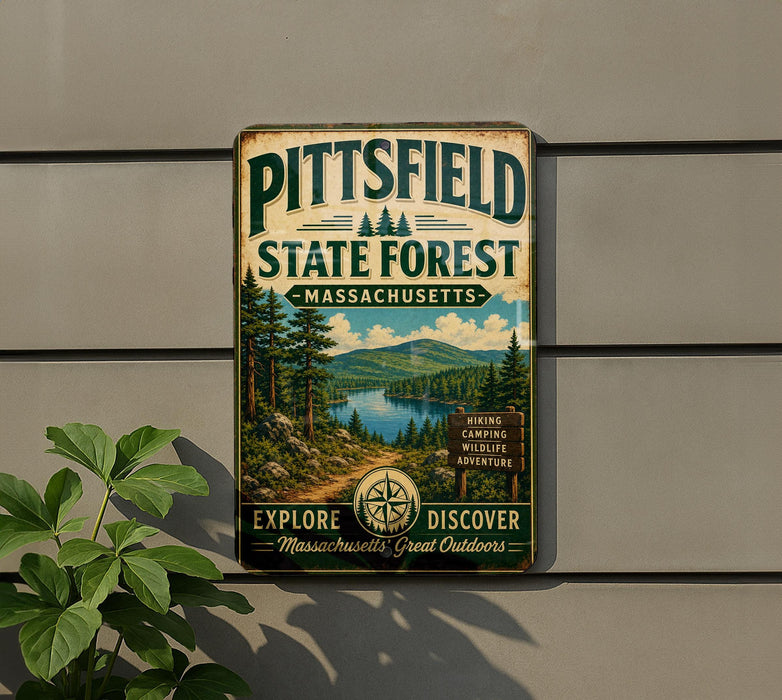 A vintage metal sign for the Pittsfield State Forest in Massachusetts, featuring a scenic landscape with pine trees, a lake, and mountains.