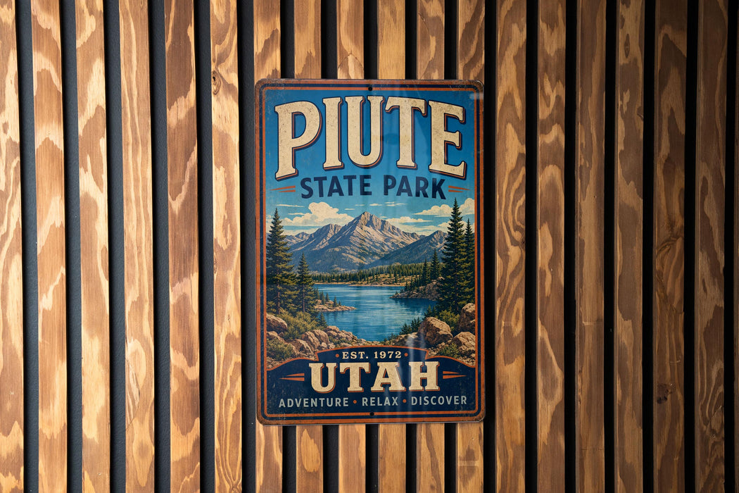 A vintage-style metal sign for Piate State Park, featuring a mountain landscape and a lake, is displayed on a wooden wall.