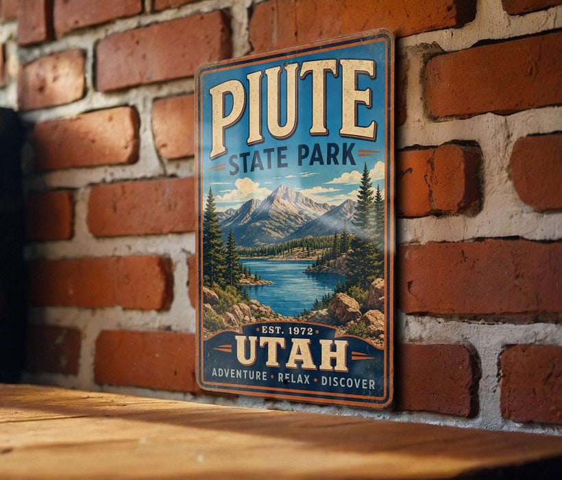 A vintage-style metal sign for Piate State Park in Utah, featuring a scenic mountain landscape and a lake.