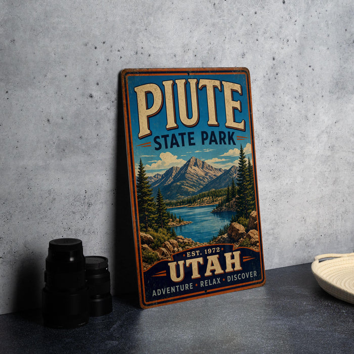 A vintage-style metal sign for Piute State Park, featuring a scenic mountain landscape and a lake, is displayed on a gray concrete surface.