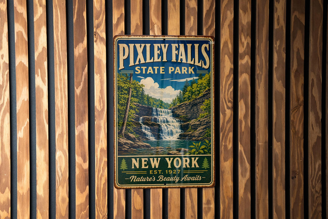A vintage-style metal sign for Pixtley Falls State Park in New York, featuring a waterfall and forest landscape.