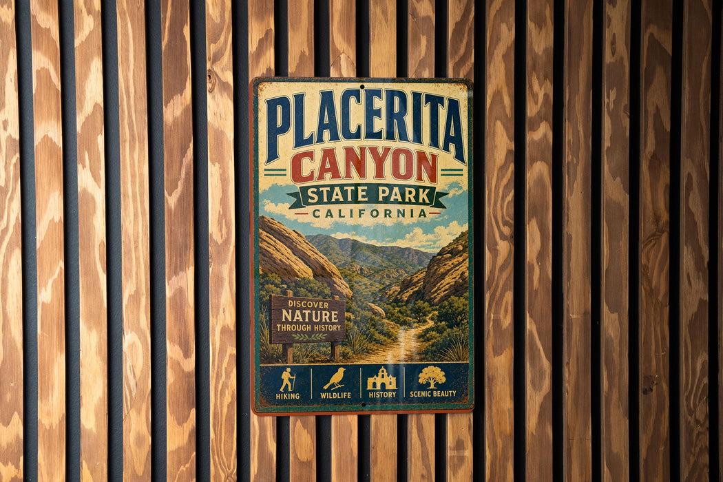 A vintage metal sign for Placerita Canyon State Park, California, featuring a scenic mountain landscape and various icons representing nature, wildlife, and history.