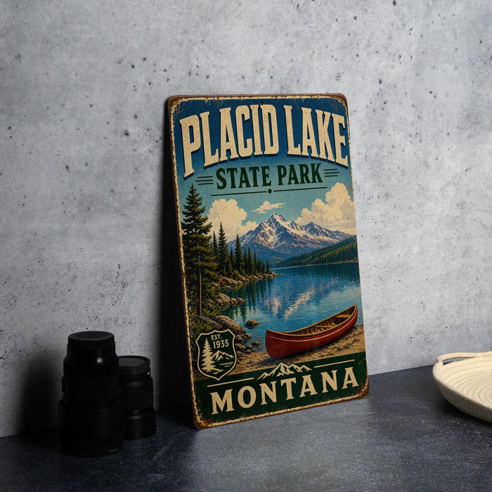 A vintage-style metal sign for Placid Lake State Park in Montana, featuring a scenic landscape with a lake, mountains, and a canoe.
