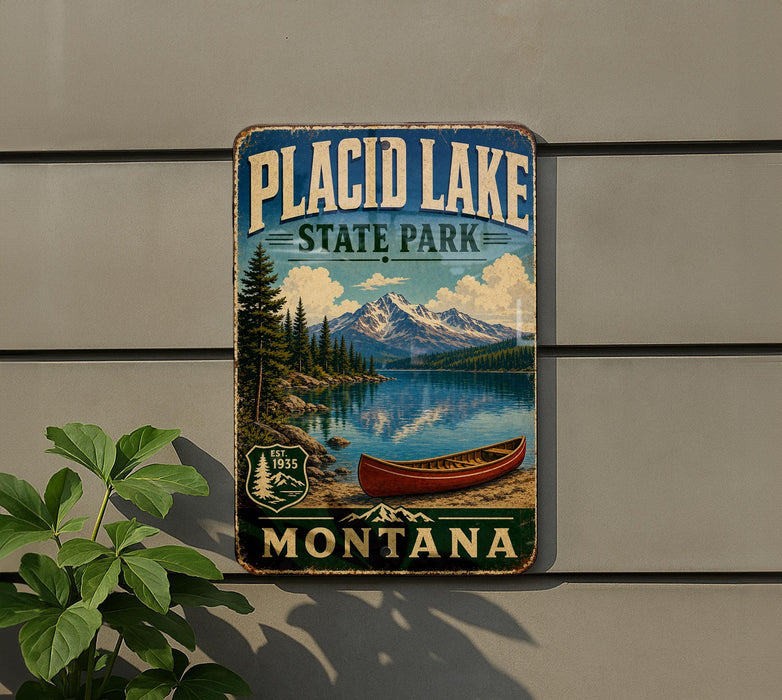 A vintage-style metal sign for Placid Lake State Park in Montana, featuring a scenic landscape with a lake, mountains, and a canoe.