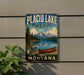 A vintage-style metal sign for Placid Lake State Park in Montana, featuring a scenic landscape with a lake, mountains, and a canoe.
