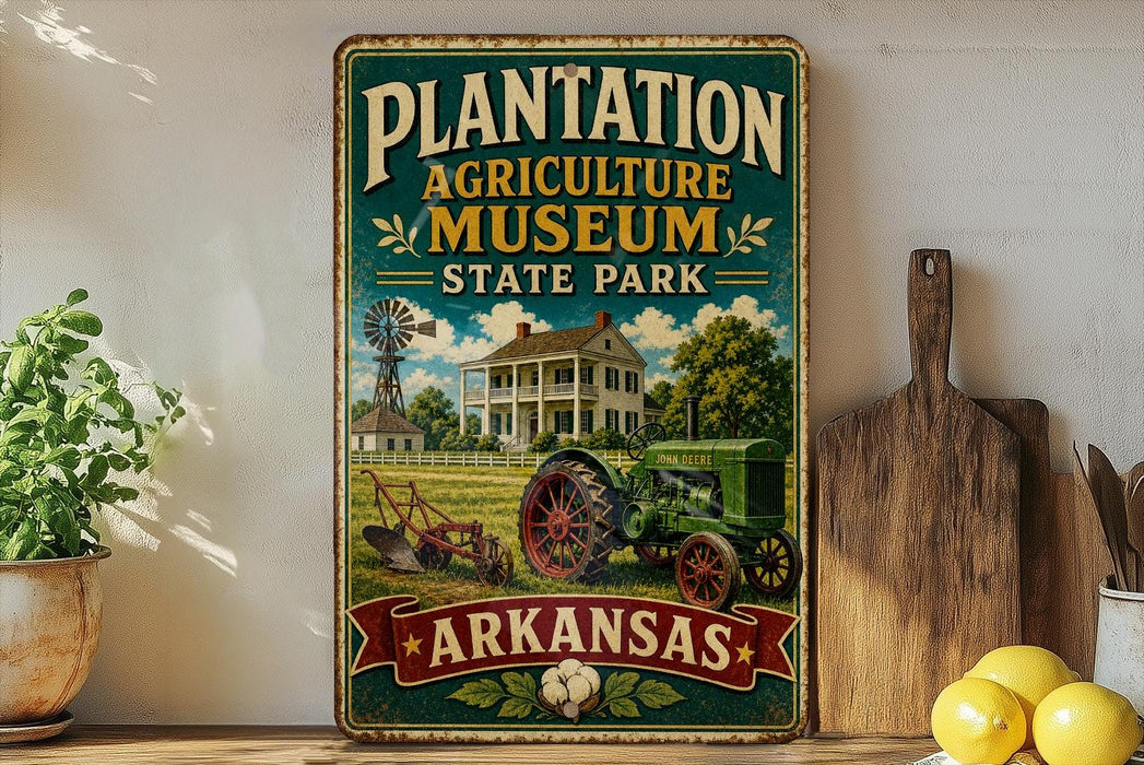 A vintage-style sign for the Plantation Agriculture Museum in Arkansas, featuring an illustration of a house, windmill, and tractor in a rural setting.