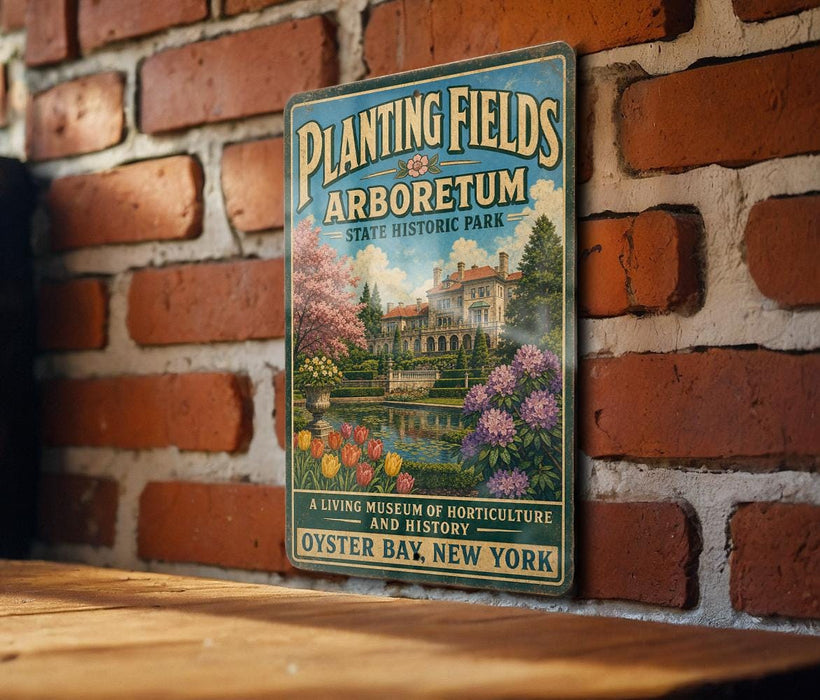 A vintage-style sign for Planting Fields Arboretum, a living museum of horticulture and history, located in Oyster Bay, New York.