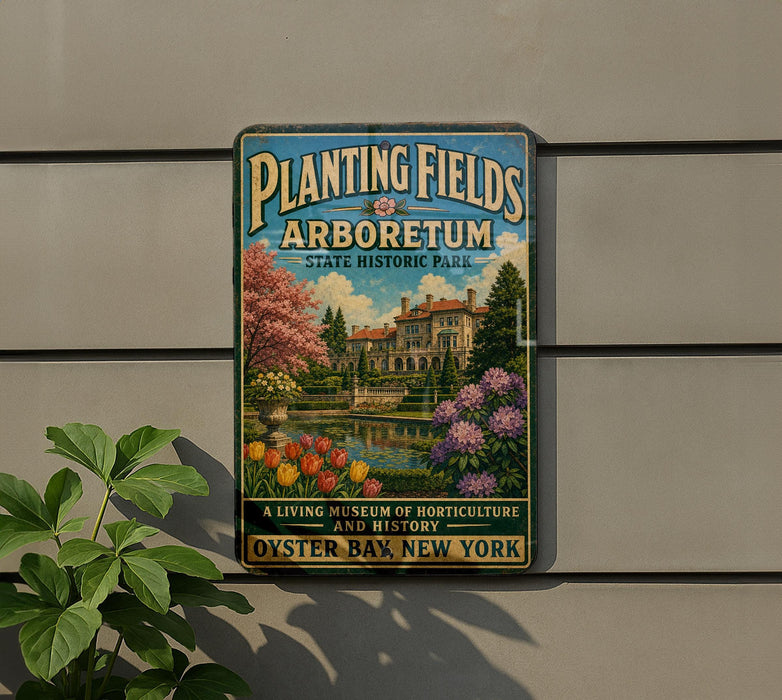 A vintage-style sign for Planting Fields Arboretum, a living museum of horticulture and history, located in Oyster Bay, New York.