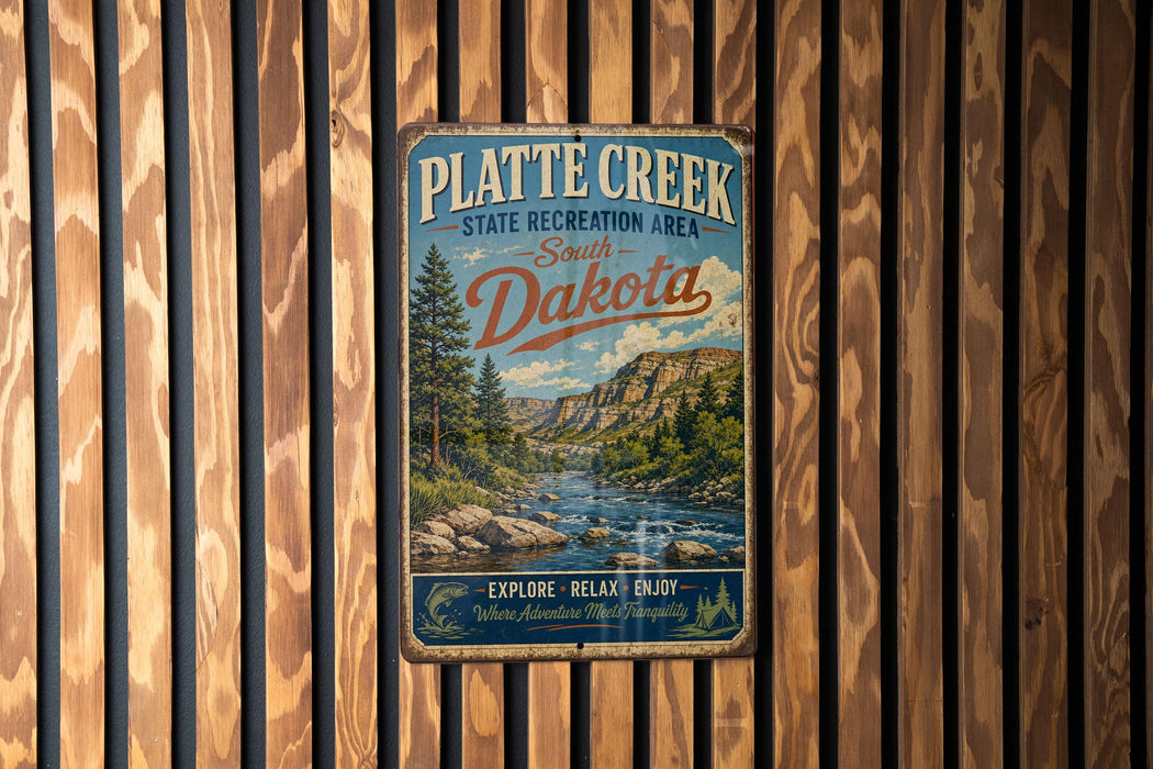 A vintage metal sign for Platte Creek State Recreation Area in South Dakota, featuring a scenic landscape with a river and mountains.