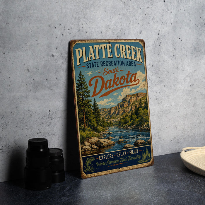 A vintage-style metal sign for Platete Creek State Recreation Area in South Dakota, featuring a scenic landscape with a river and mountains.