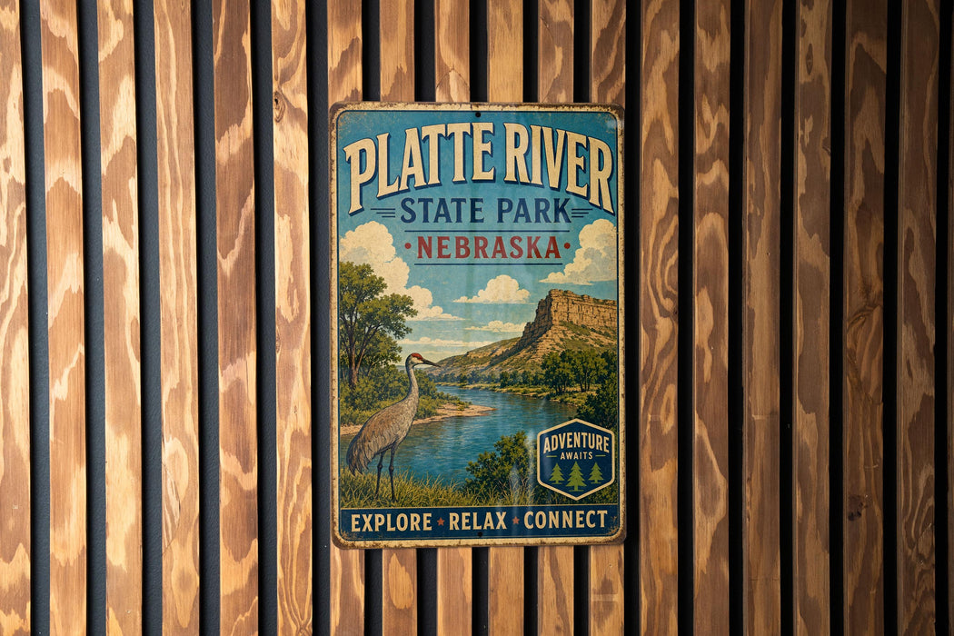 A vintage-style metal sign for Platte River State Park in Nebraska, featuring a scenic landscape with a bird and a river.
