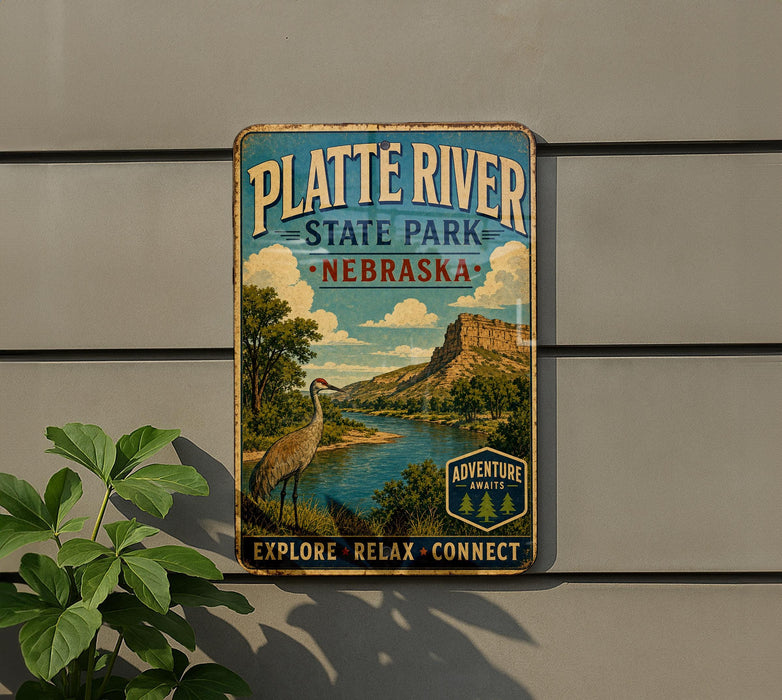 A vintage-style metal sign for Plateau River State Park in Nebraska, featuring a scenic landscape with a bird and a river.