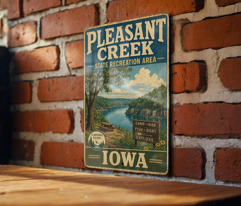 A vintage-style metal sign for the Pleasant Creek State Recreation Area in Iowa, featuring a scenic landscape with a river and forest.