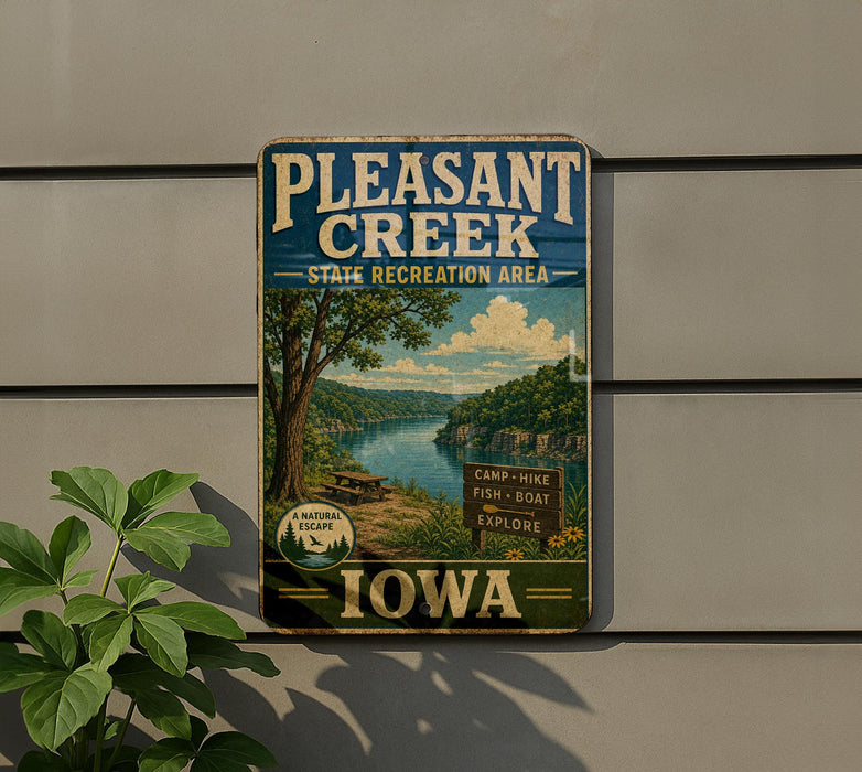 A vintage-style sign for Pleasant Creek State Recreation Area in Iowa, featuring a scenic landscape with a river, trees, and a picnic table.