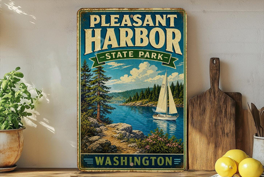 A vintage-style sign for "Pleasant Harbor State Park" in Washington, featuring a scenic image of a sailboat on a lake surrounded by pine trees and mountains.