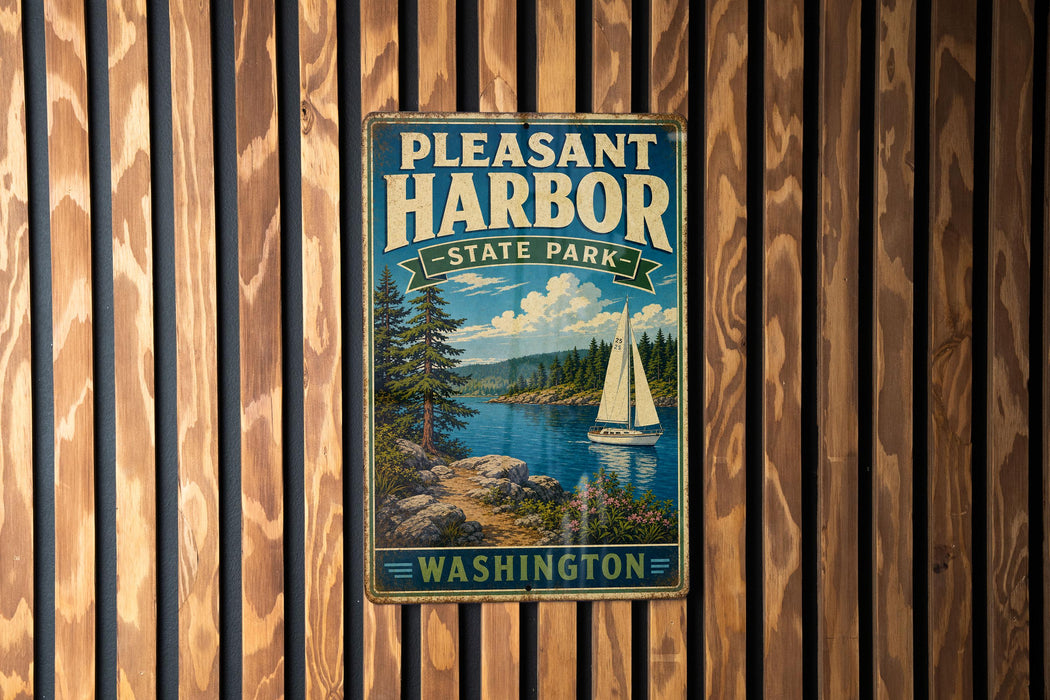 A vintage metal sign for Pleasant Harbor State Park in Washington, featuring a scenic landscape with a sailboat on the water.