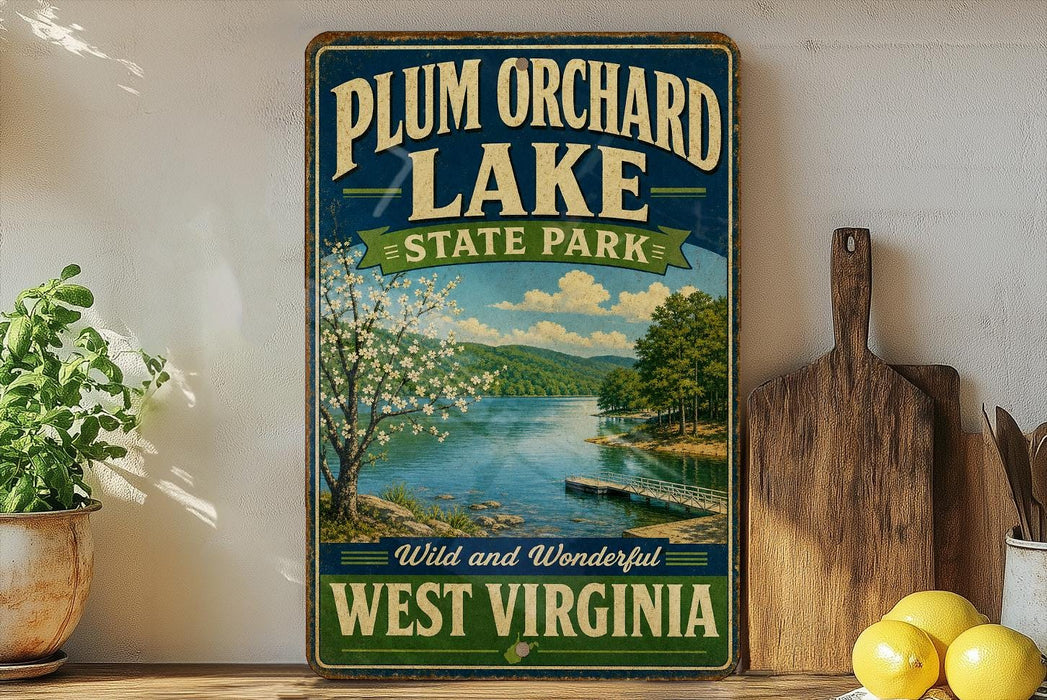 a vintage-style sign for Plum Orchard Lake State Park in West Virginia, with a scenic image of the lake and surrounding landscape.