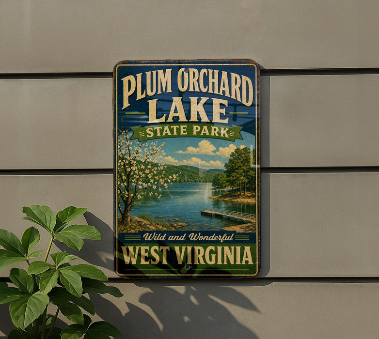 A vintage-style sign for Plum Orchard Lake State Park in West Virginia, featuring a scenic image of the lake surrounded by trees and mountains.