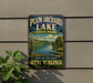 A vintage-style sign for Plum Orchard Lake State Park in West Virginia, featuring a scenic image of the lake surrounded by trees and mountains.