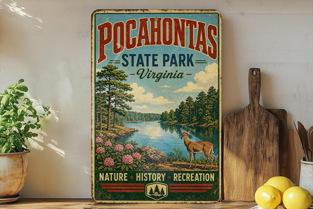 a vintage-style sign for Pocahontas State Park, Virginia, with a scenic illustration of a river, trees, and a deer. The sign also includes the words "NATURE, HISTORY, RECREATION" and "VIRGINIA" in a decorative font.