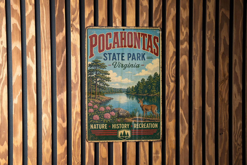 A vintage-style metal sign for POCAHONTAS State Park in Virginia, featuring a scenic landscape with a river, trees, and a deer.