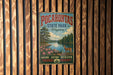 A vintage-style metal sign for POCAHONTAS State Park in Virginia, featuring a scenic landscape with a river, trees, and a deer.