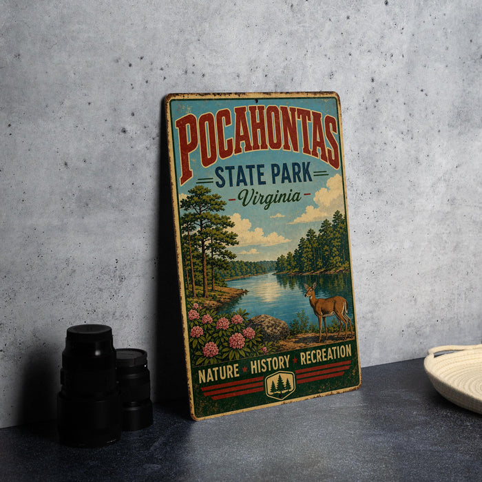 A vintage-style sign for Pocahontas State Park, Virginia, featuring a scenic landscape with a lake, trees, and a deer.