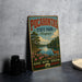 A vintage-style sign for Pocahontas State Park, Virginia, featuring a scenic landscape with a lake, trees, and a deer.
