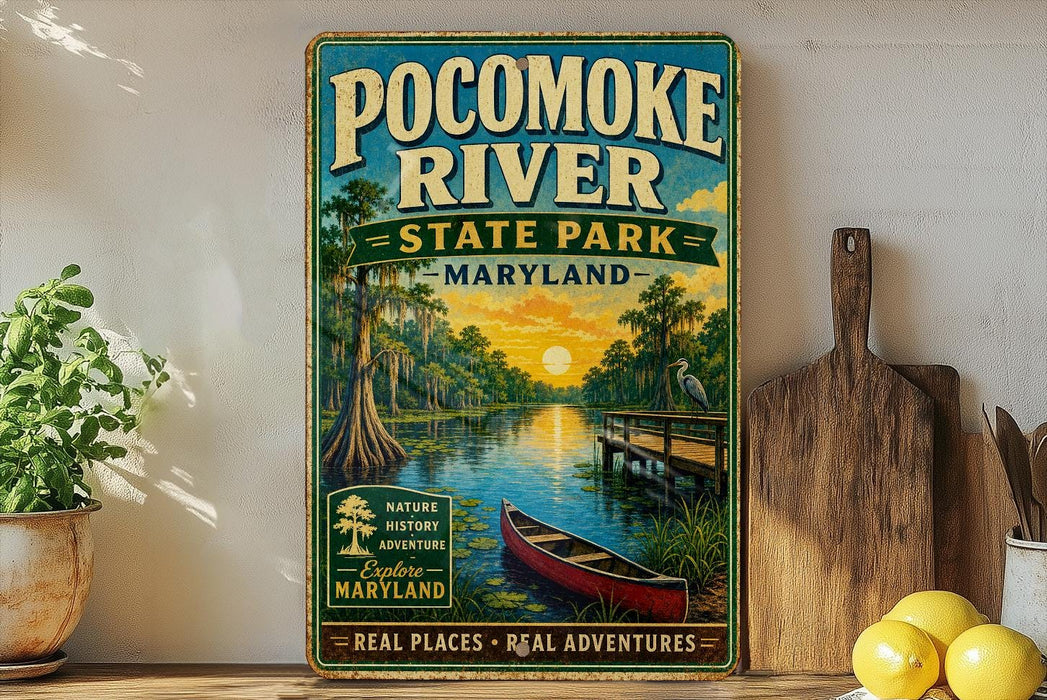 A vintage-style sign for the Pocomoke River State Park in Maryland, featuring a scenic illustration of a river, a dock, and a boat.