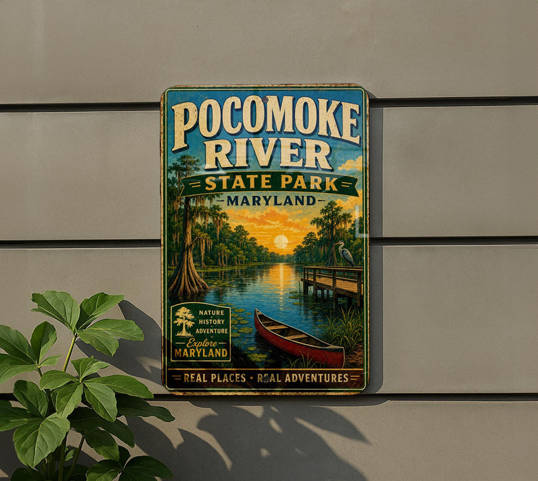 A vintage-style metal sign for Pocomoke River State Park in Maryland, featuring a scenic illustration of the river, a boat, and a sunset.