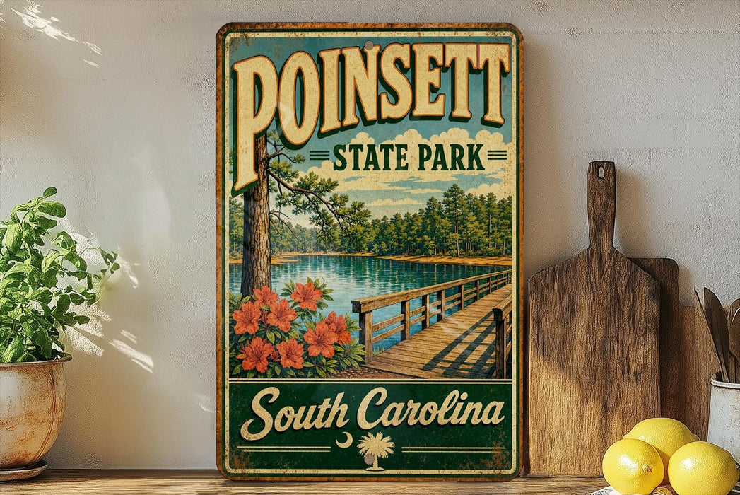 A vintage-style sign for Poinsett State Park in South Carolina, featuring a scenic image of a wooden bridge over a lake surrounded by pine trees and pink flowers.