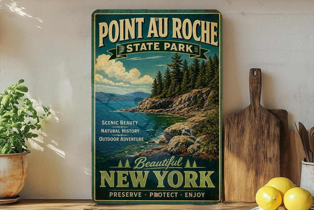 A vintage-style sign for Pointauroche State Park, featuring a scenic landscape with mountains, trees, and a body of water.