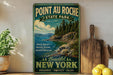 A vintage-style sign for Pointauroche State Park, featuring a scenic landscape with mountains, trees, and a body of water.