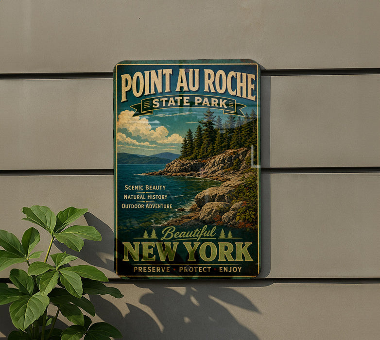 A vintage-style metal sign for Pointauroche State Park, featuring a scenic landscape with mountains, trees, and a body of water.